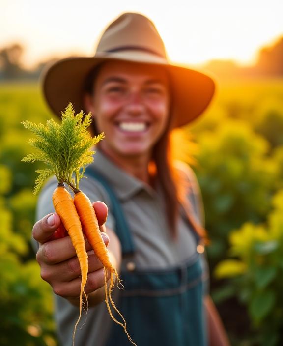 A smiling farmer proudly holding up fresh turmeric roots in a sunlit field.