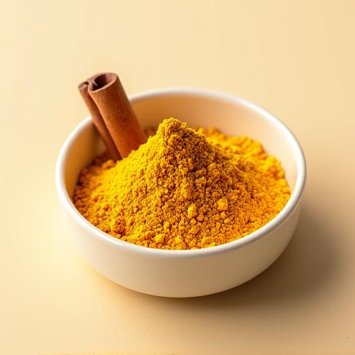 A bright yellow powder, the Turmeric Latte Mix, with a cinnamon stick placed on top.