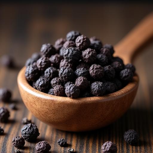 Macro shot of dark, wrinkly Tellicherry peppercorns in a small wooden bowl.
