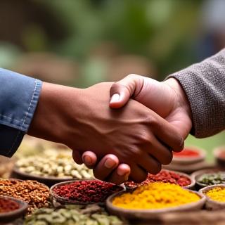 Two people, a vendor and a buyer, shaking hands over a table of spices.