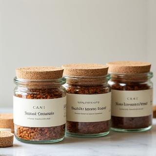 A neatly arranged set of glass spice jars with cork lids and paper labels.