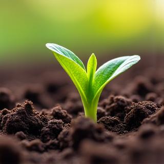 Rich, dark soil with a small green sprout emerging from it.